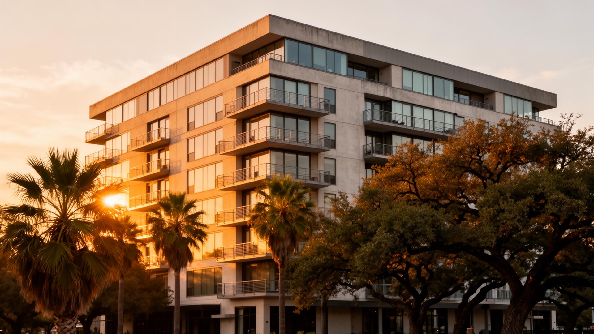 Modern Dallas area apartment building at golden hour